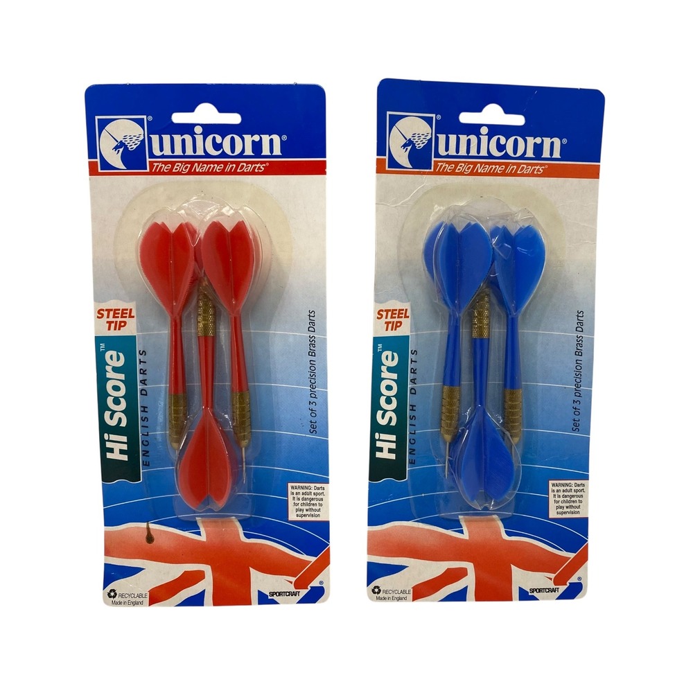 (2 Sets) Vintage‎ Unicorn Hi Score Steel Tip Brass Darts (Blue & Red) 6 Darts